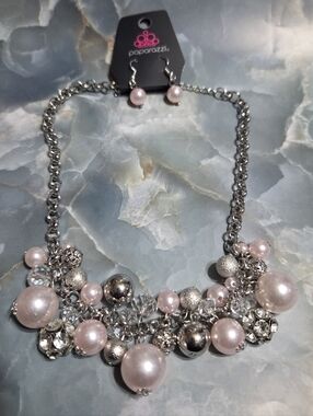paparazzi Silver & Light Pink Pearl Cluster Necklace with Matching Earrings